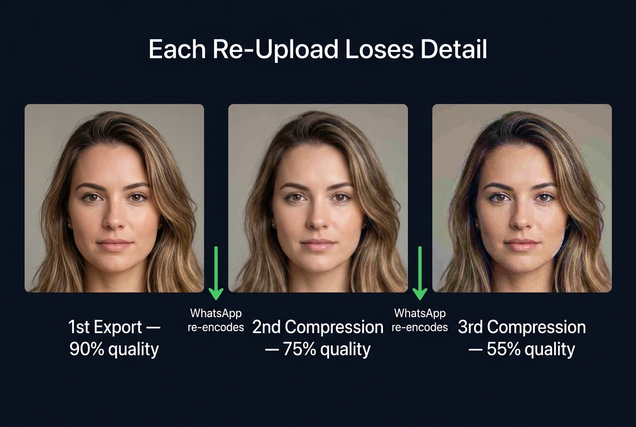 Infographic illustrating JPEG generation loss from 1st export 90% quality down to 3rd compression with visible blocking artifacts