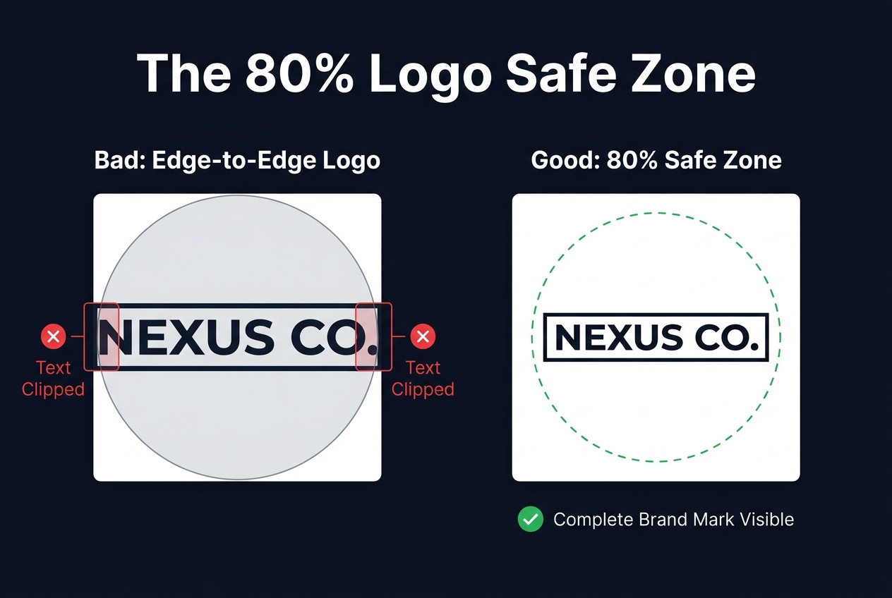Instructional design diagram showing bad edge-to-edge logo cropping vs good 80% safe zone logo framing